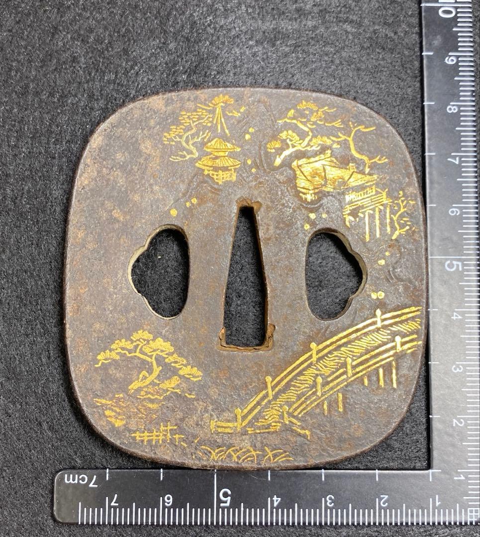 時代金象嵌刀鍔　木箱付　153g 東Y7-0220☆2Fトヒト