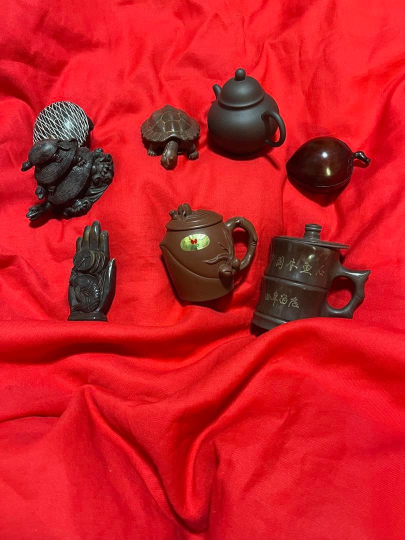 中国茶器紫泥朱泥宜興紫砂江蘇茶玩茶寵 急須1茶入1蓋付湯呑2茶寵4(年数経過品)