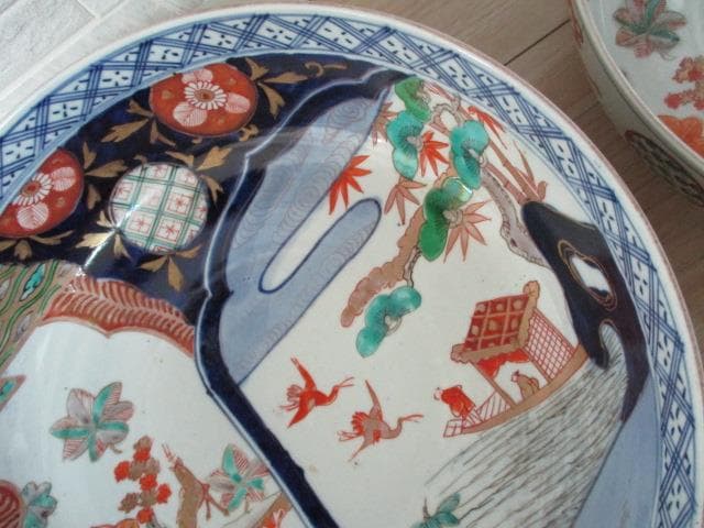 古伊万里　江戸幕末～明治期頃　染錦　鹿鶴文　三つ鉢