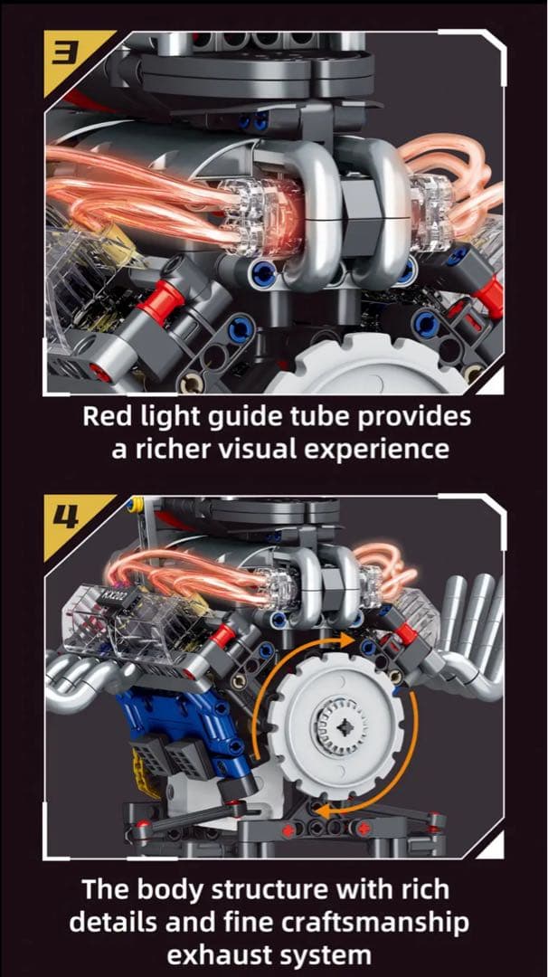 V8エンジン 模型 ブロック 組立 STEM教材 車 模型 電動モデル