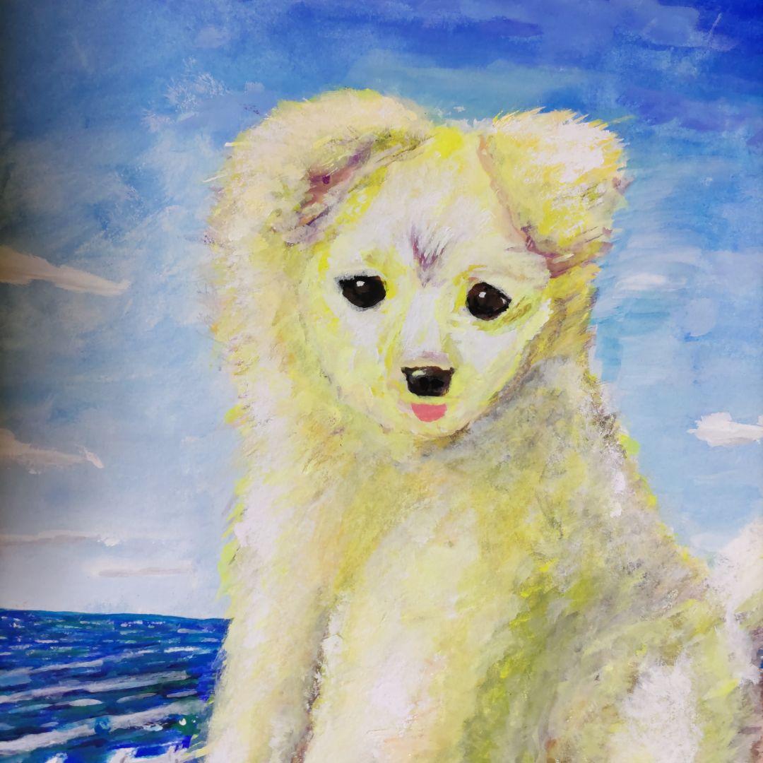 【原画 一点物】子犬と海｜手描きアクリル画 F6｜犬の絵・動物アート