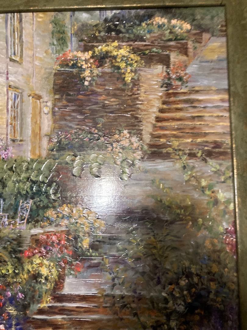 ロンゴ パティオガーデン風景 油彩画 階段と花壇