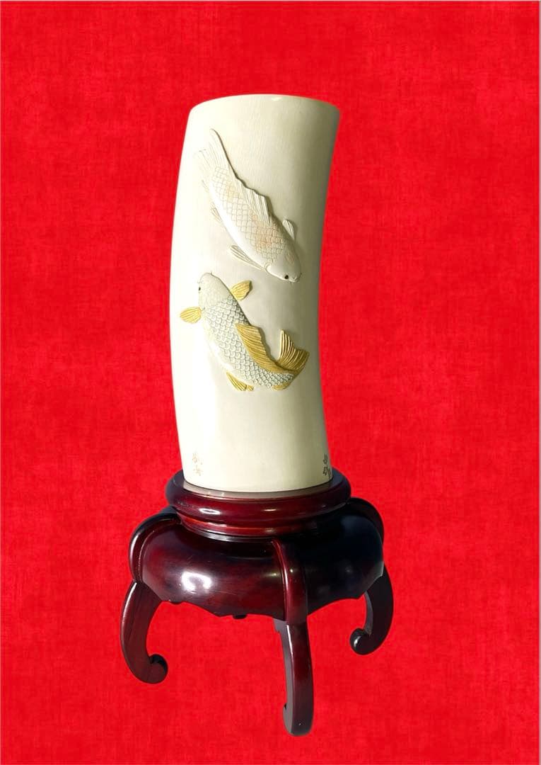 『孤舟』双鯉図　花入　4㌔台込み　高さ30㎝　トータル50cm 傷有り　小針孤舟