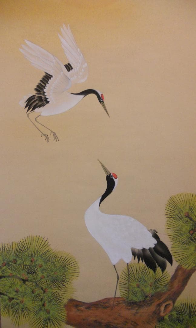 掛け軸 美峰 旭日双鶴 絹本 希少 軸装 茶道具 掛軸 美品 です。