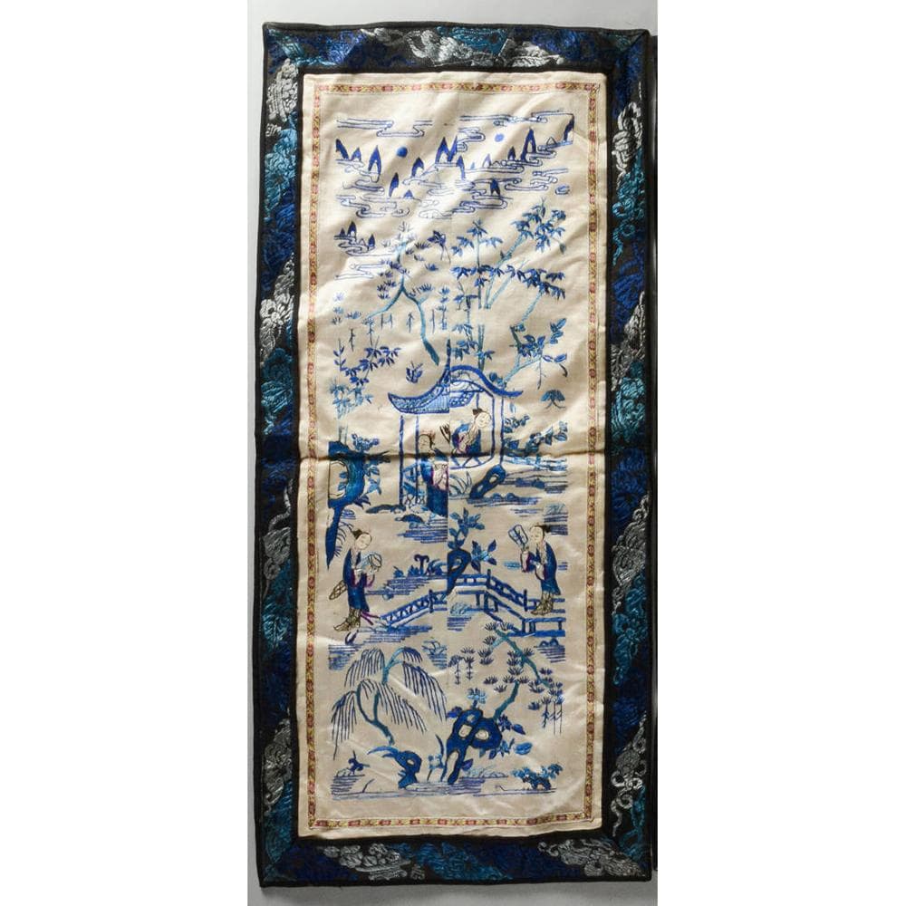 【珍】　★ 山水仕女図繍片 ★　民国時期　刺繍 山水紋 仕女紋　民間織繍