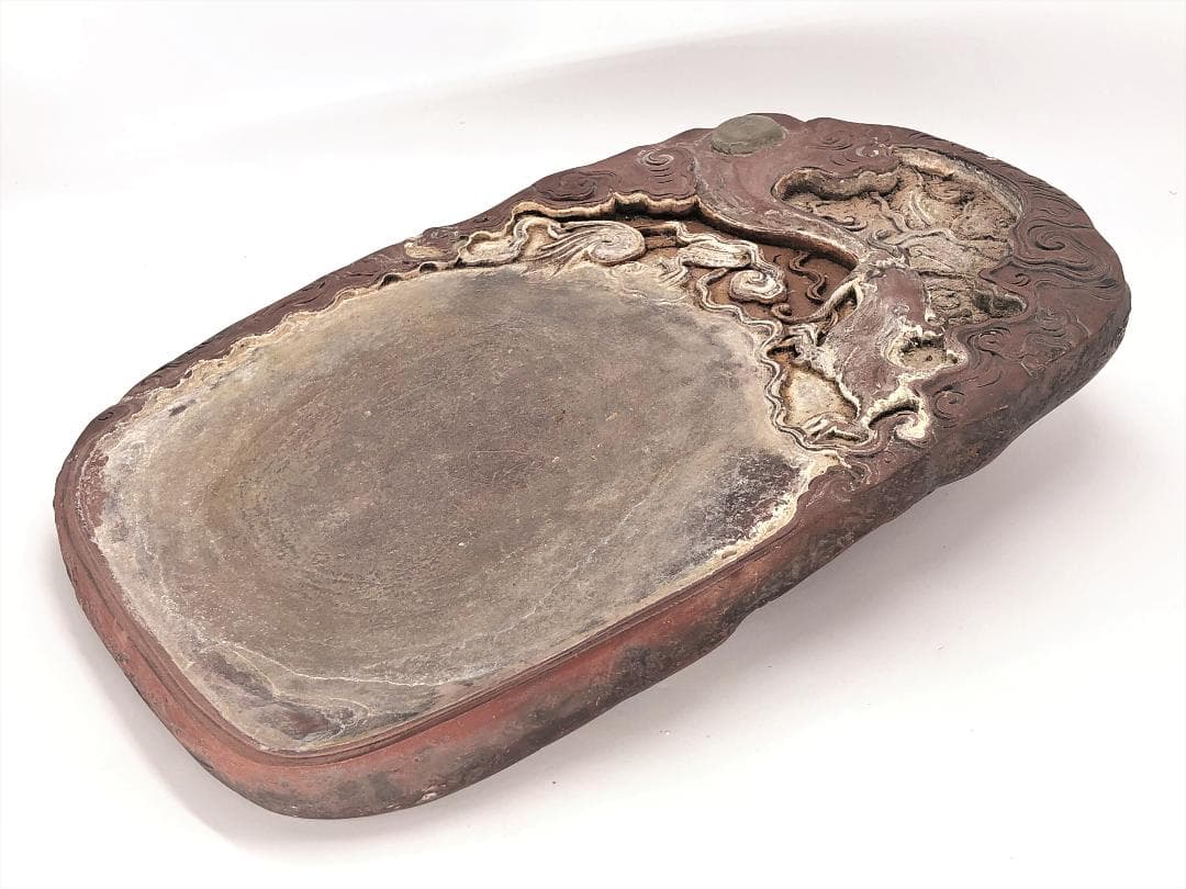 【 蝦頭紅澄泥硯 】　尺三（39.4ｃｍ）　雲龍彫　陰詩刻　中華古玩