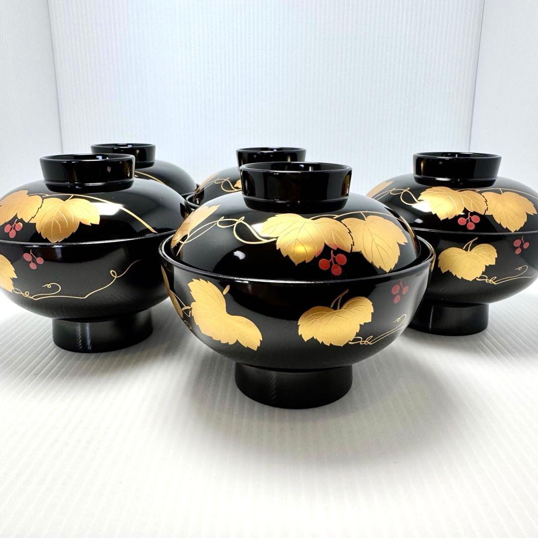 新品未使用 会津塗 吸物椀 蓋付き 5客セット つた唐草 蒔絵 漆器 共箱