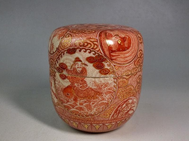 ☆ 福島武山 作 赤繪琴高仙人文 棗 九谷佐野窯盃 共箱 ☆A10