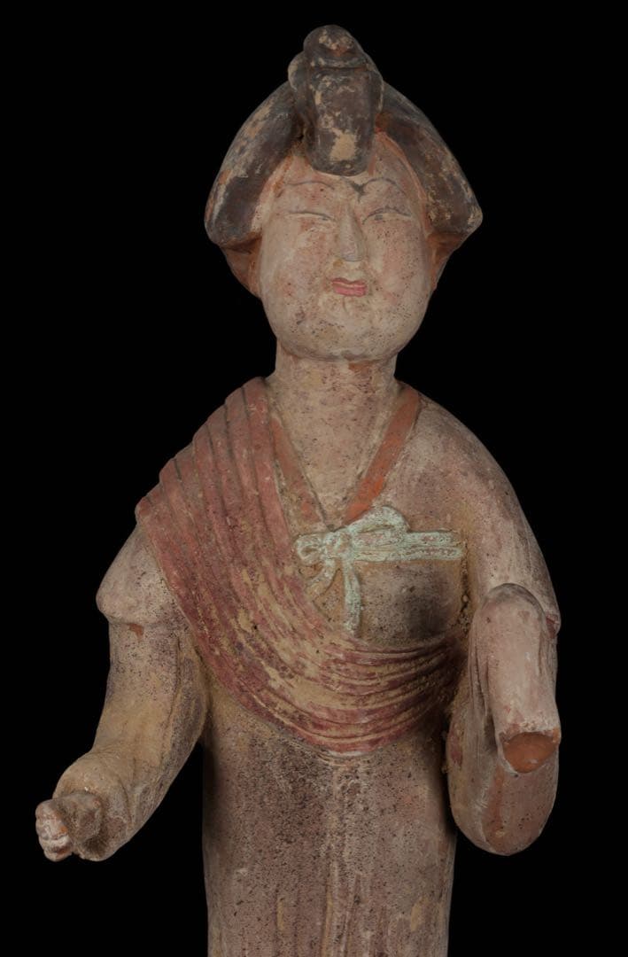 【中国古玩】加彩 婦女俑婦人 俑置物 高さ57㎝ 彩色残存 唐物 古美術 骨董品