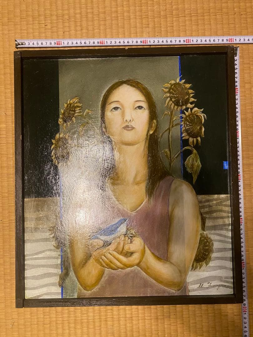 女性と鳥の油彩画　約50cm x 57cm - 作: M.Funayama