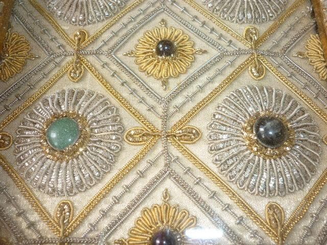 額装1850年頃 ムガル帝国◆インド マハーラージャ 金糸・銀糸・宝石 ザリ刺繍