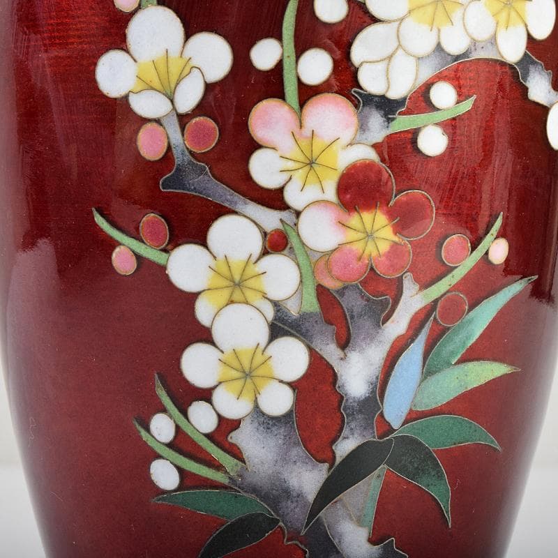 七宝焼　加藤七宝製作所　梅竹文　花瓶　台・箱付　M　R9494