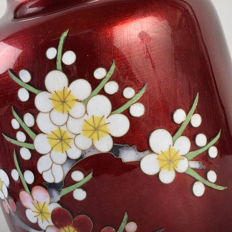 七宝焼　加藤七宝製作所　梅竹文　花瓶　台・箱付　M　R9494