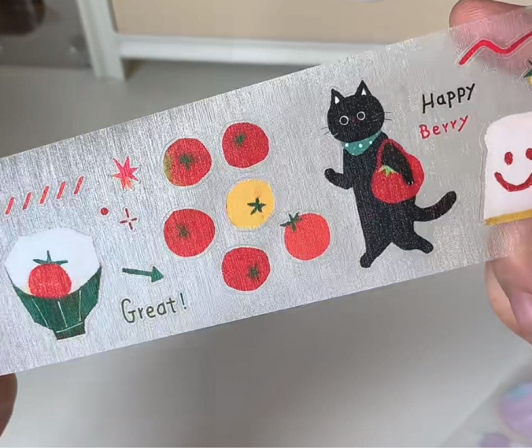 【8472】海外　マステ　5m巻売り　ラメ加工カッティング猫　トマト　野菜