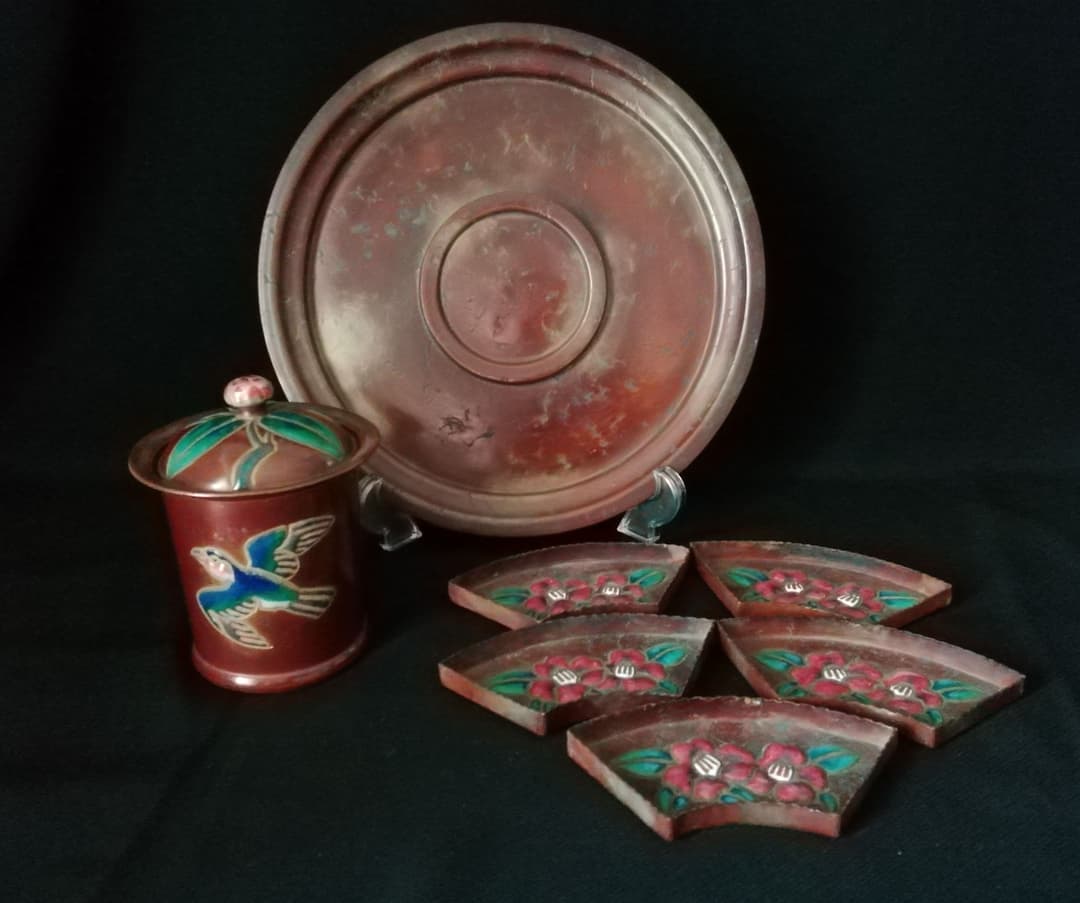 逸品　珍品　安藤七宝A　銅製　槌起七宝　盆　小物入れ　銘々皿　和骨董アンティーク