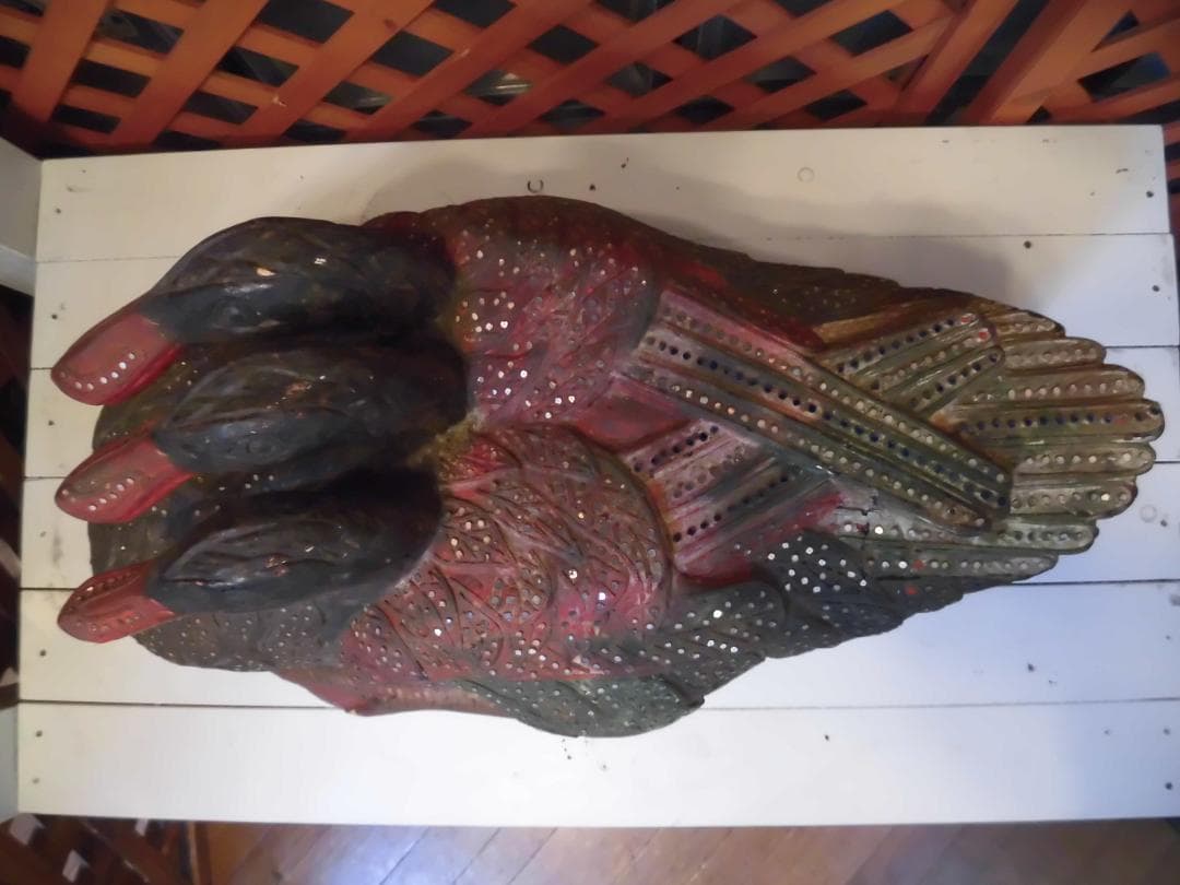 木彫りの三つ頭鴨　三ツ頭鳥　アジアンアート　民芸品　共命鳥　キメラ　14040