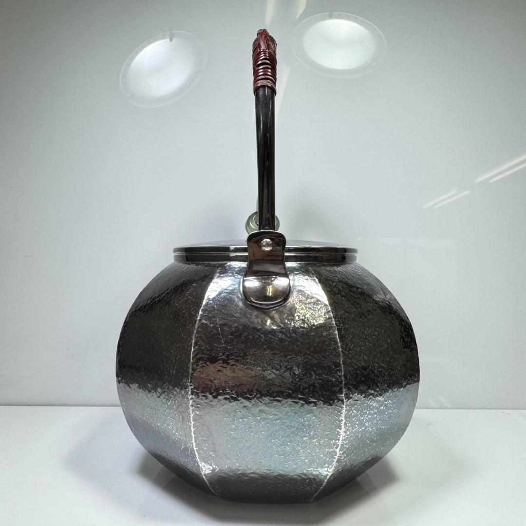 純銀製 槌目岩肌 八面取湯沸 三連環貴石摘 鳴付 煎茶 純銀保証 銀瓶 やかん