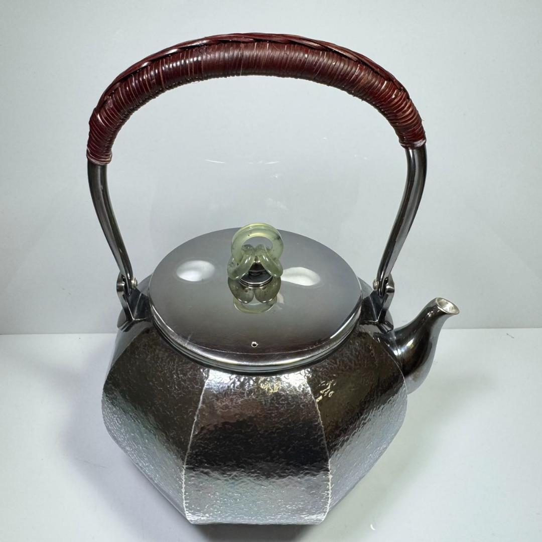 純銀製 槌目岩肌 八面取湯沸 三連環貴石摘 鳴付 煎茶 純銀保証 銀瓶 やかん