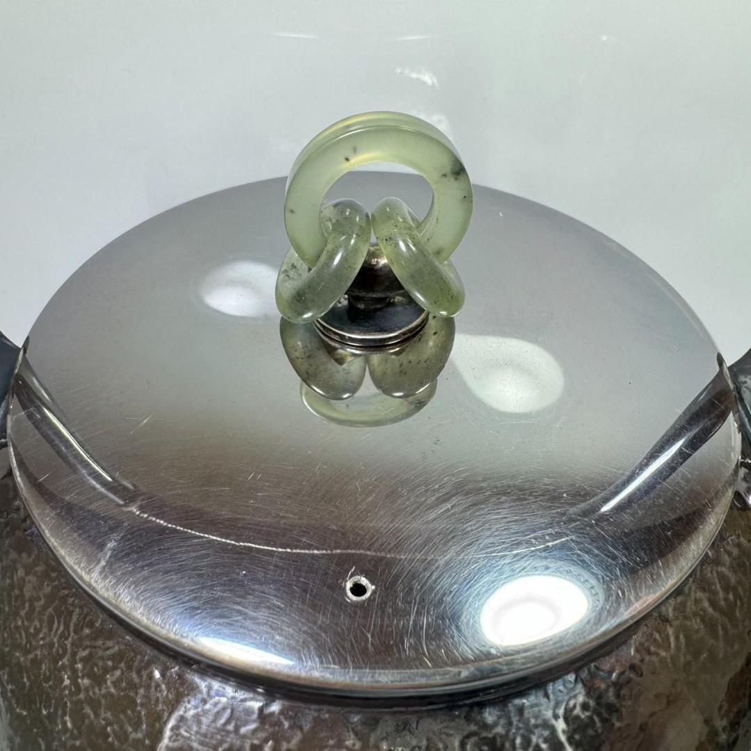 純銀製 槌目岩肌 八面取湯沸 三連環貴石摘 鳴付 煎茶 純銀保証 銀瓶 やかん