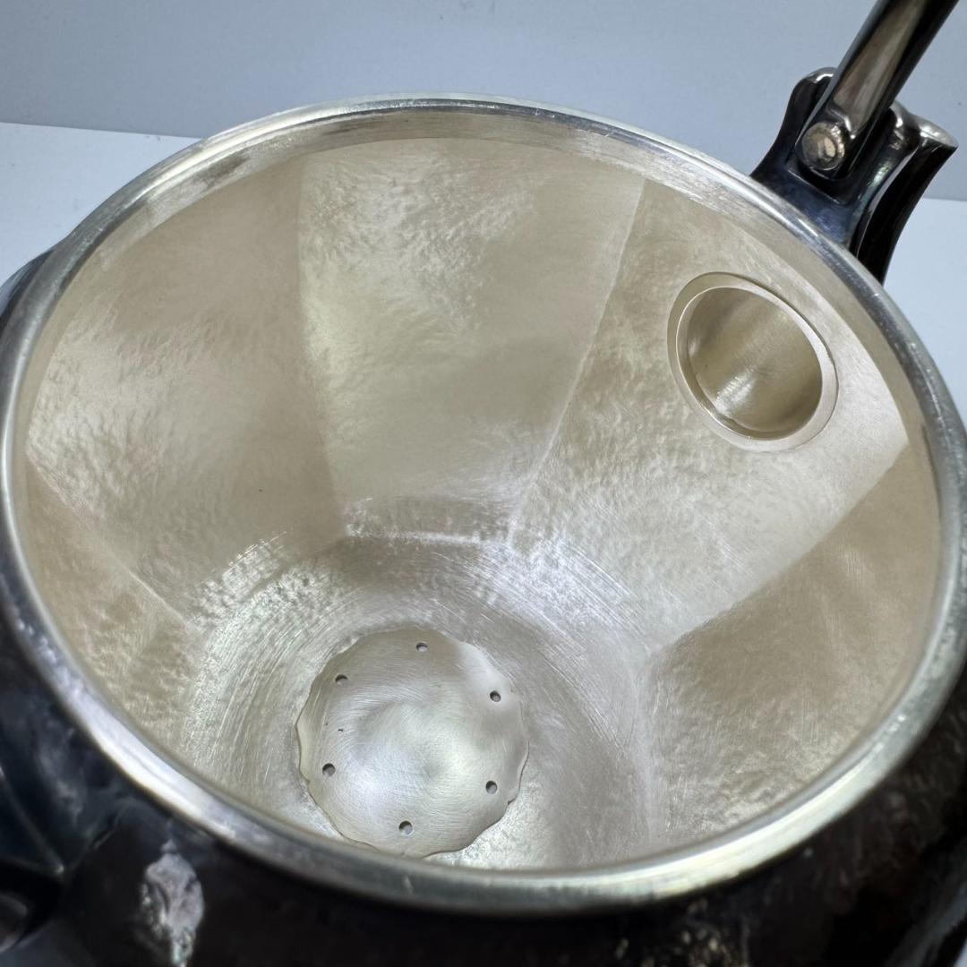 純銀製 槌目岩肌 八面取湯沸 三連環貴石摘 鳴付 煎茶 純銀保証 銀瓶 やかん