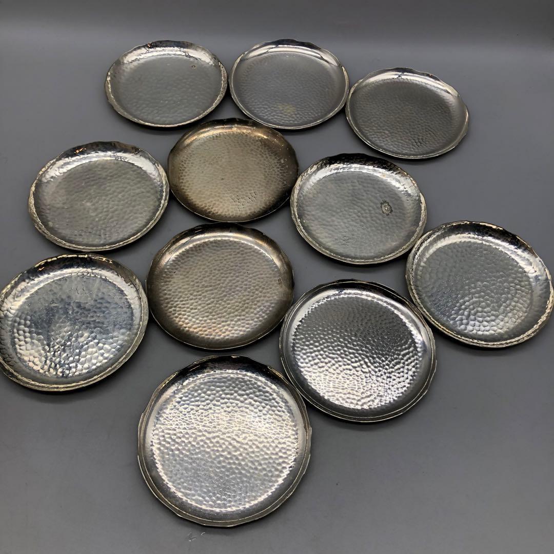 木箱入り槌打ちシルバーハンマード仕上げ小皿茶菓子プレート10cm 銘々皿11枚