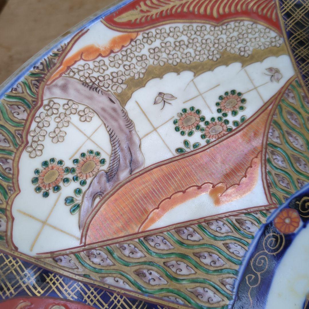 骨董 伊万里 直径45.7cm 大皿 染め錦 飾り皿 盛り皿 明治時代