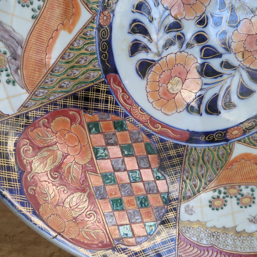 骨董 伊万里 直径45.7cm 大皿 染め錦 飾り皿 盛り皿 明治時代