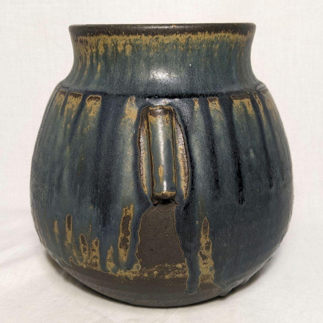 瀬戸市指定無形文化財 加藤釥 瀬戸焼 蒼釉耳付花入 共箱 花器 花瓶 壷 置物