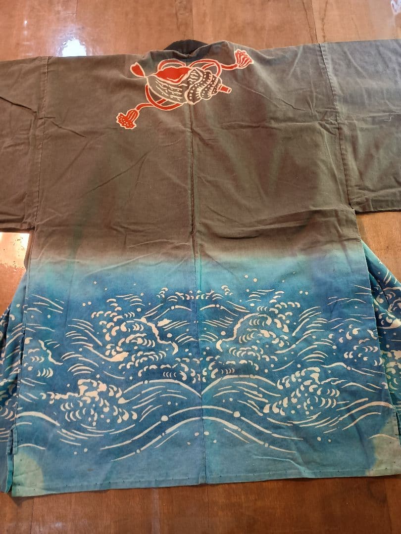 木綿の筒描 はんてん 波に ほら貝 古布