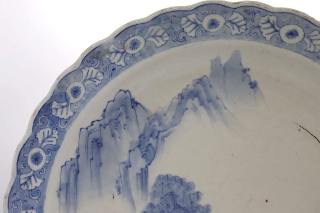 青華釉裏紅　山水紋花口大皿　送料込み0801