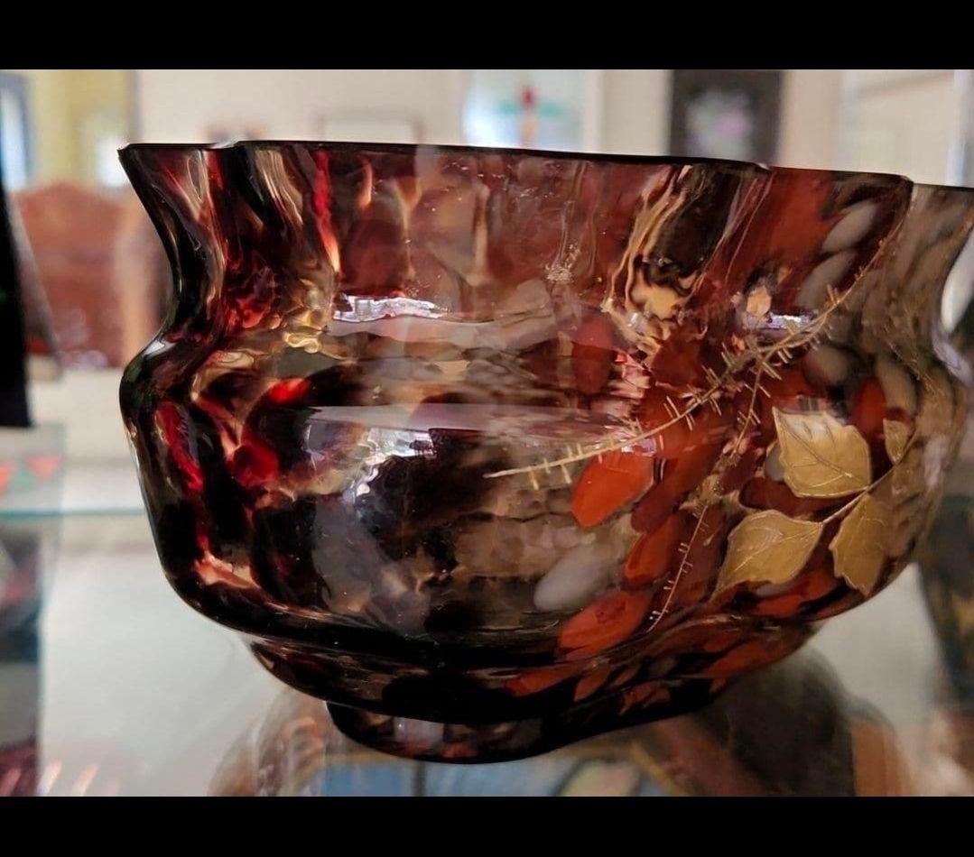 アールヌーボーガラス　吹雪紋金彩盛り薔薇エナメル画　最終値下げ