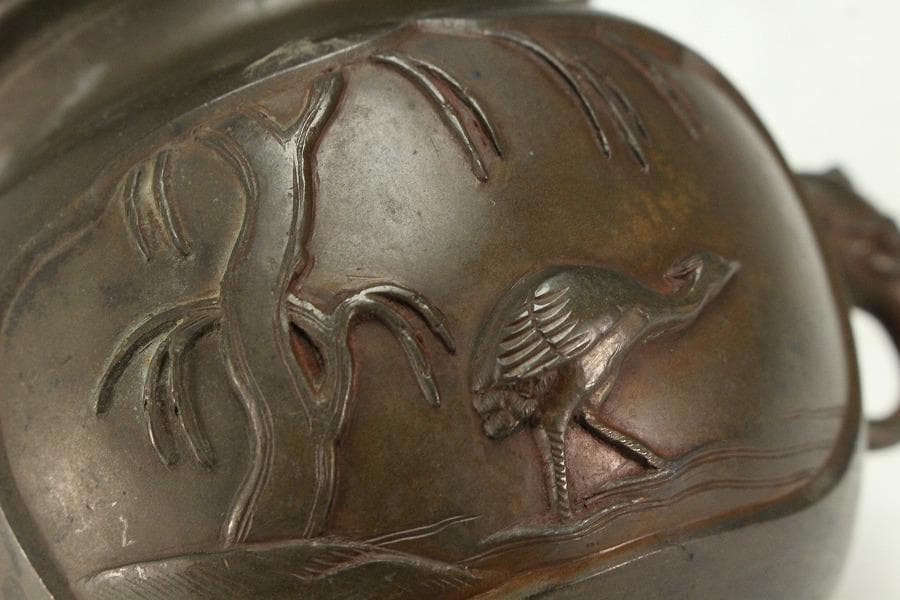 古銅 象耳 花鳥紋 香炉 古美術(K-LC955)