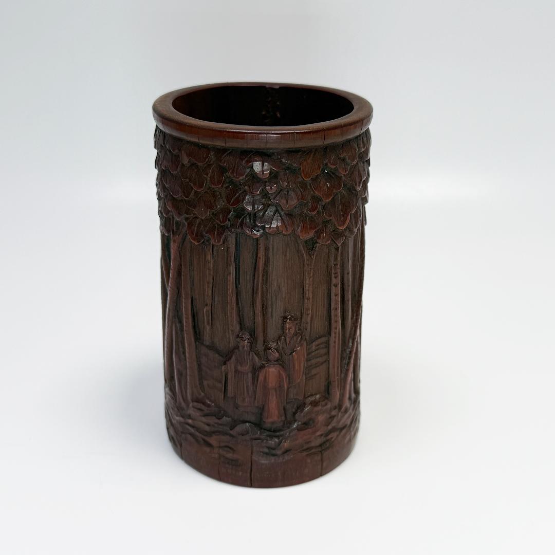 中国美術 竹製 彫刻 筆筒 筆立 書道品 在銘