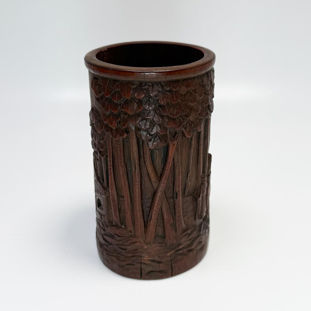 中国美術 竹製 彫刻 筆筒 筆立 書道品 在銘