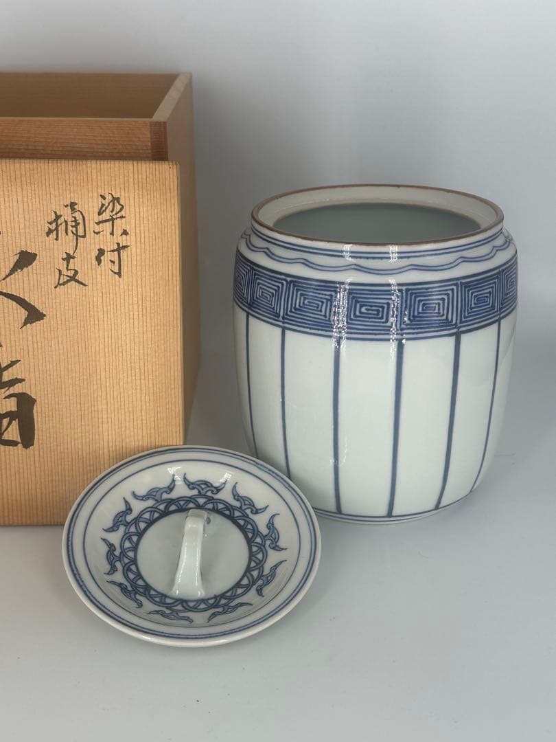染付桶皮　水指　富田静山作　共箱