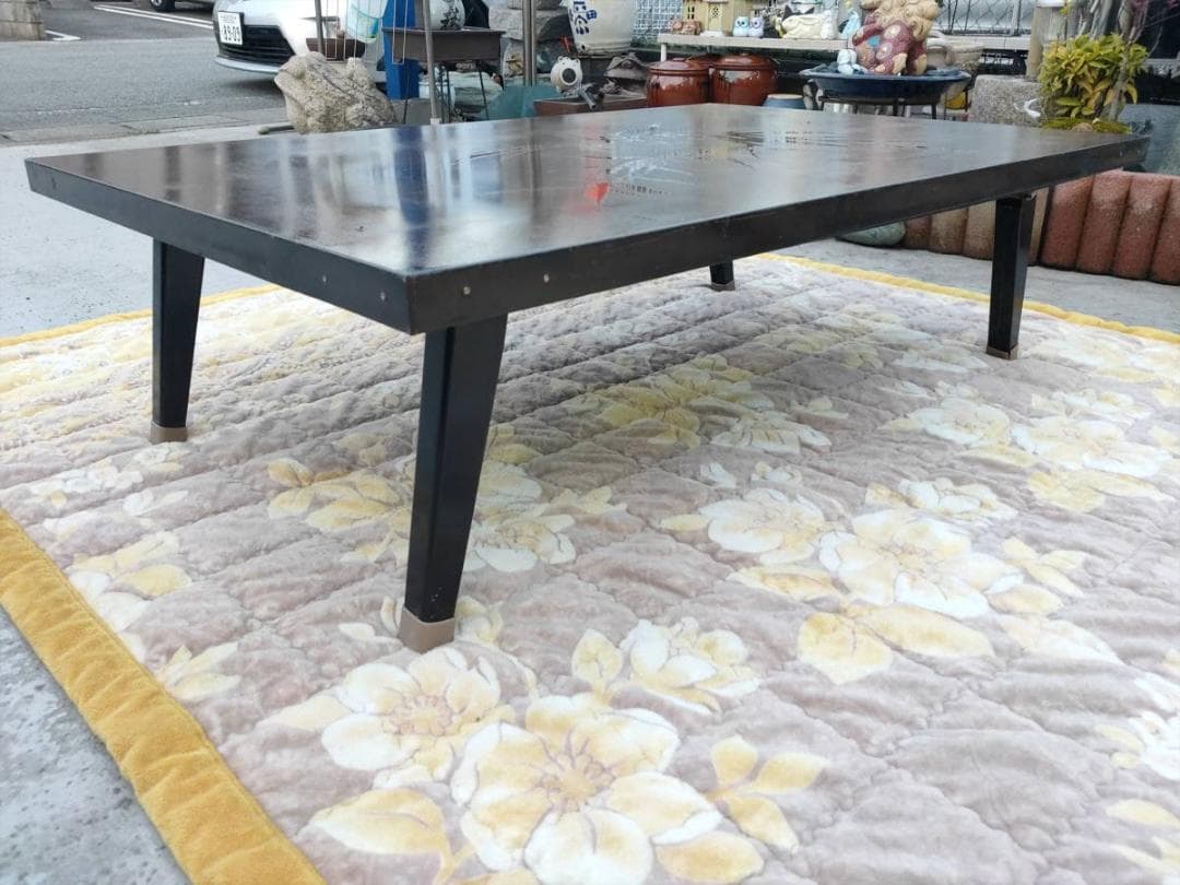 【時代物】竹林画☆彫刻板☆銅版張り☆折れ足 テーブル アンティークテーブル