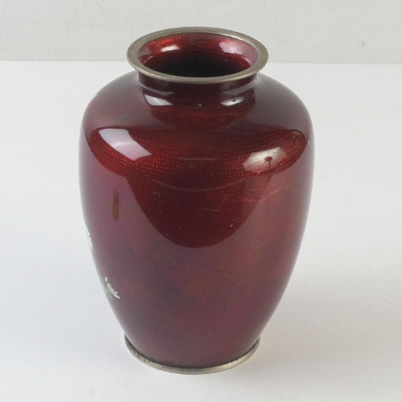 七宝焼　CLOISONNE刻印　赤透四君子文　花瓶　V　9875