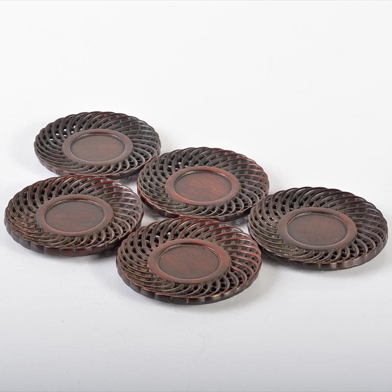 中国　唐木紫檀製　透かし彫り　茶托　五客　V　R6533E