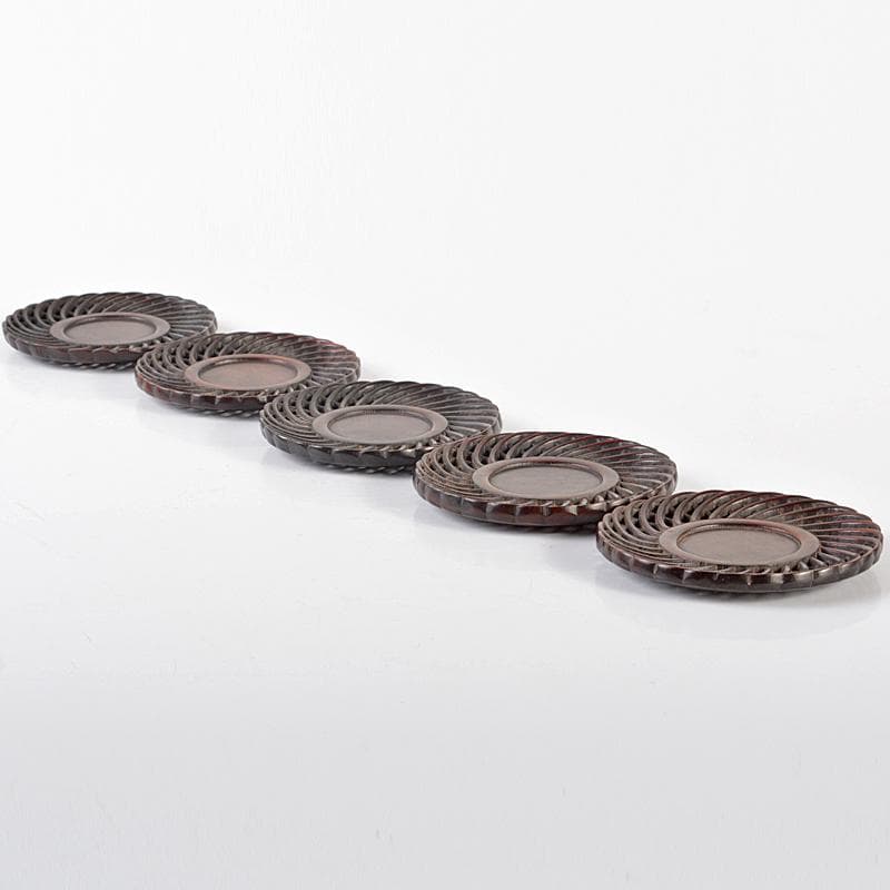 中国　唐木紫檀製　透かし彫り　茶托　五客　V　R6533E