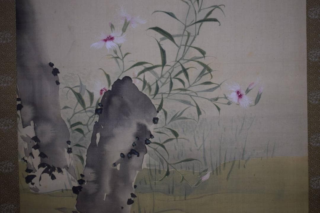 真作/佐伯岸岱/花鳥の図/佐伯岸駒の長男/桐題箱付/布袋屋掛軸HH-529