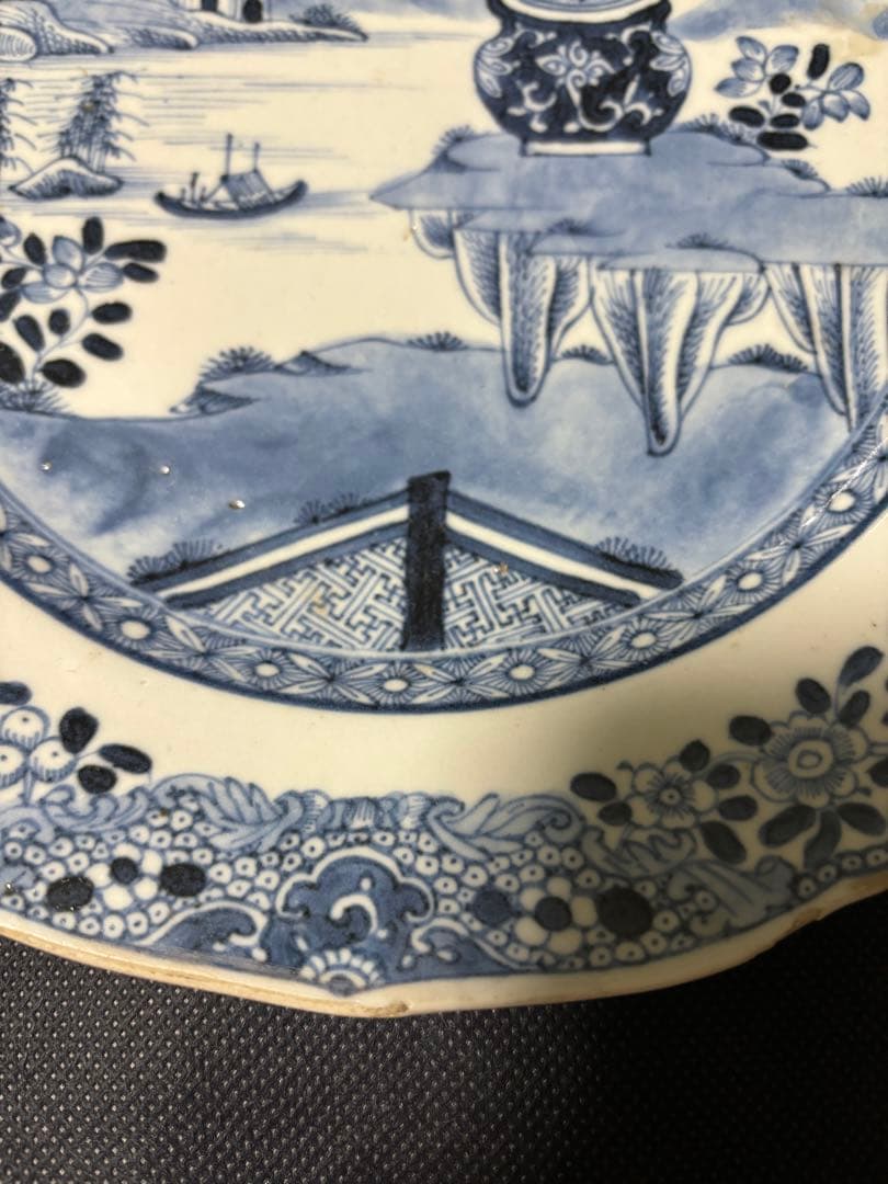 中国古美術 清の乾隆時代 青花　山水風景　大皿25cm　染付