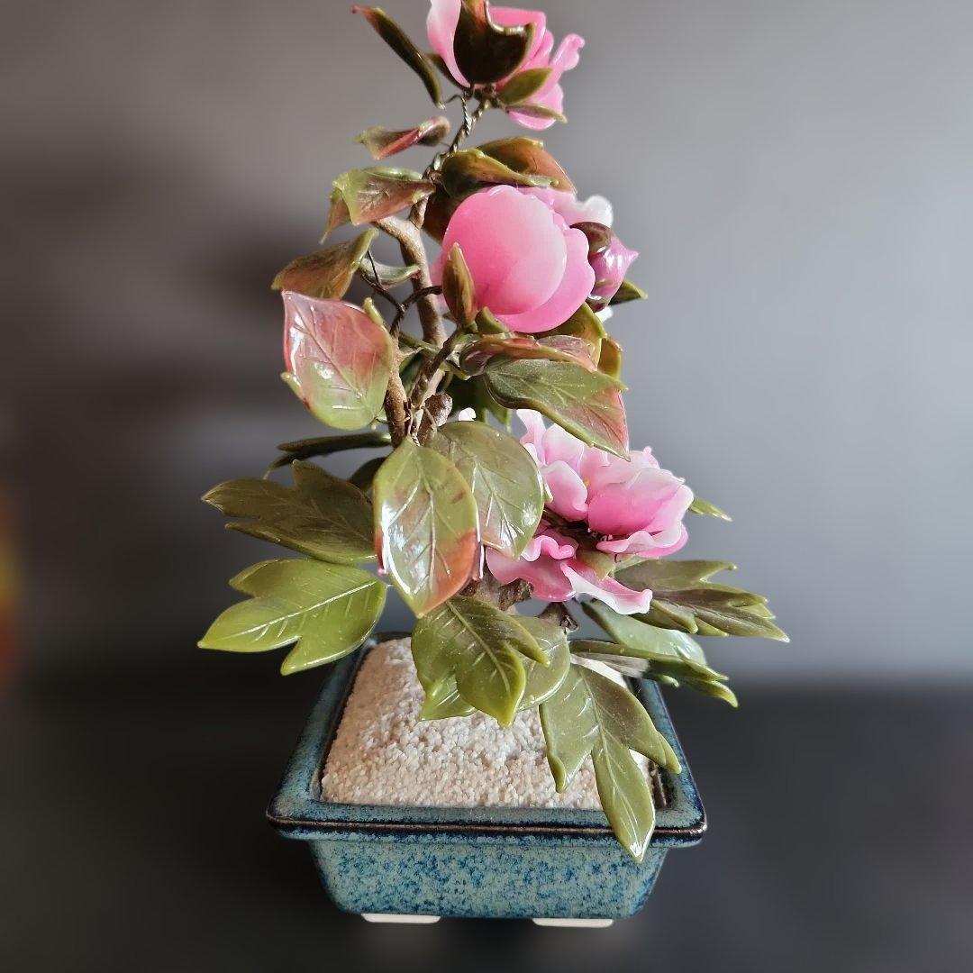 ガラス細工手作り牡丹の盆栽仕立て置物