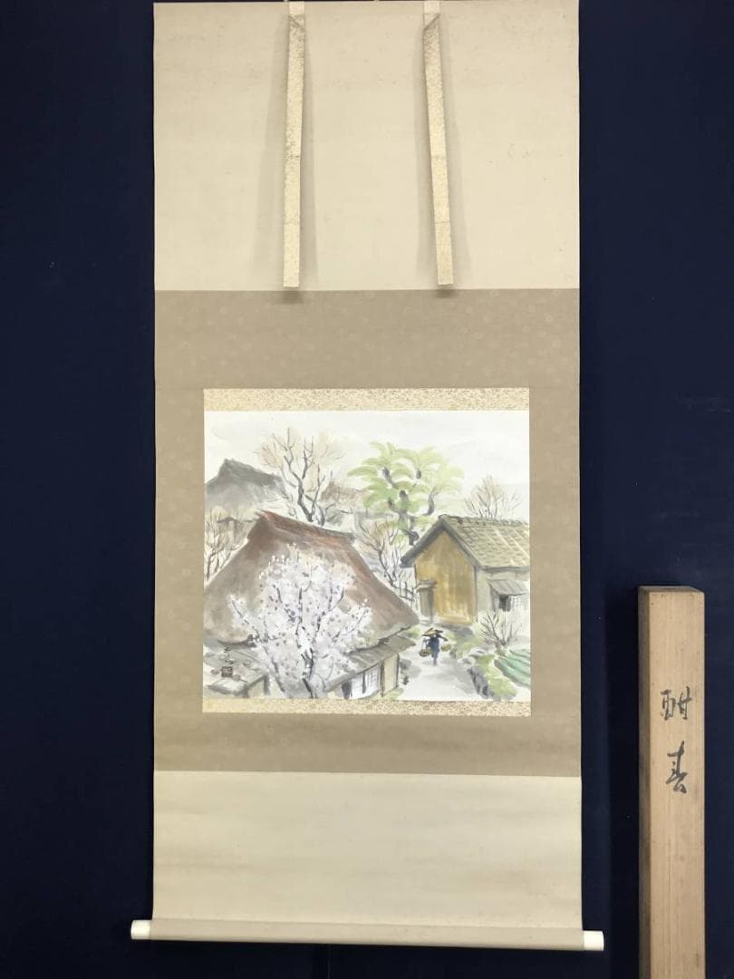 【真作】正風/田家の春図/山水図/春景山村図/横物/掛軸/名家伝来/AD-228