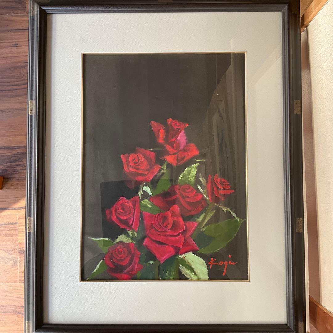 パステル画　渡壁公義「赤い薔薇」４号