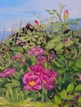 【真作】絵画　熊倉雄二　油彩4号　ハマナス咲く　花咲く小径　箱入　X152