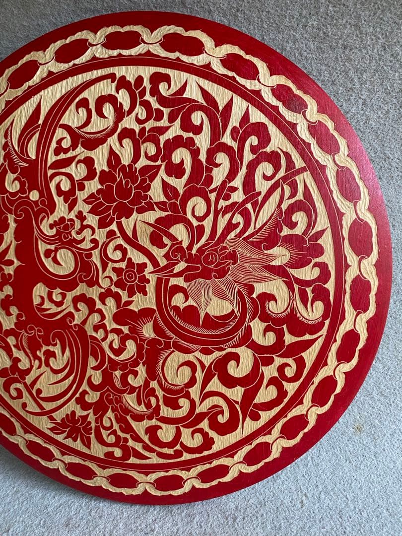 【龍鳳呈祥】龍・鳳凰柄／円盤彫刻★壁掛け・置物