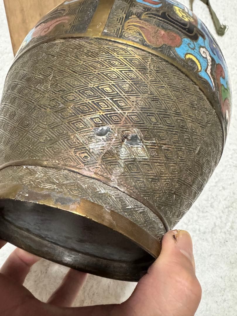 【希少骨董品】 中国 花瓶 壺 美術 古銅 古玩 亀甲文 七宝 双獣耳時代物