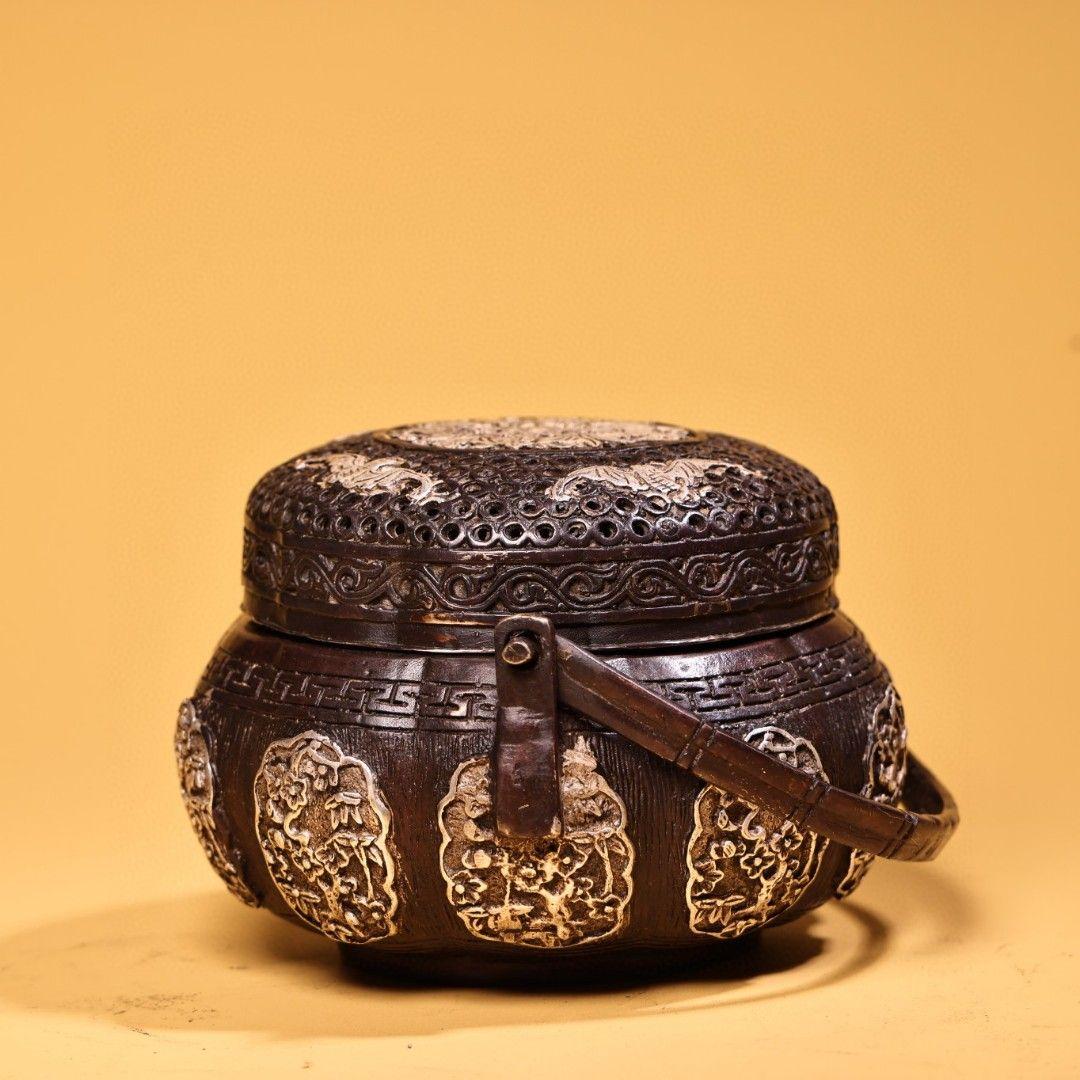 銅 細工 高浮彫鏨刻銀温手炉 香炉 提梁炉 香道具 装飾品 工芸品 置物