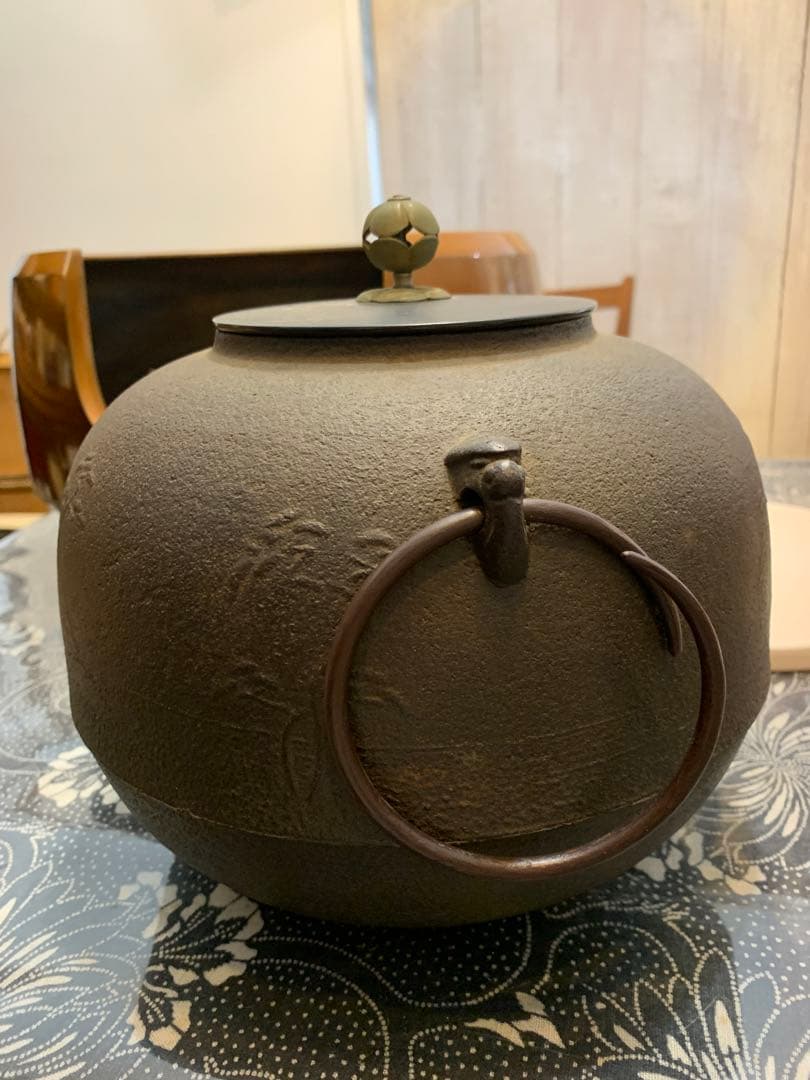 窯師辰敏作　浜松地紋　丸釜　面取風炉　風爐灰　爐用灰　底瓦　セット　茶道具