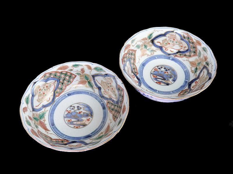 古伊万里　染錦　獅子に七宝紋の図　膾皿　２客　D797AS-fbqy